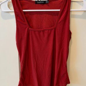 Boohoo Women Sz 2Slinky Bodysuit Red/Orange Double Layer Scoop Sleeveless Sleek